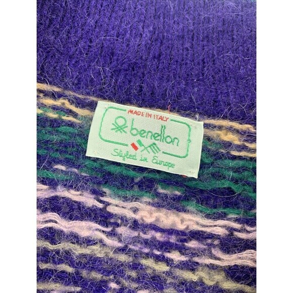 Benetton Sweater Collared Purple Green Pattern Pullover Button Wool Women Medium - Picture 12 of 15